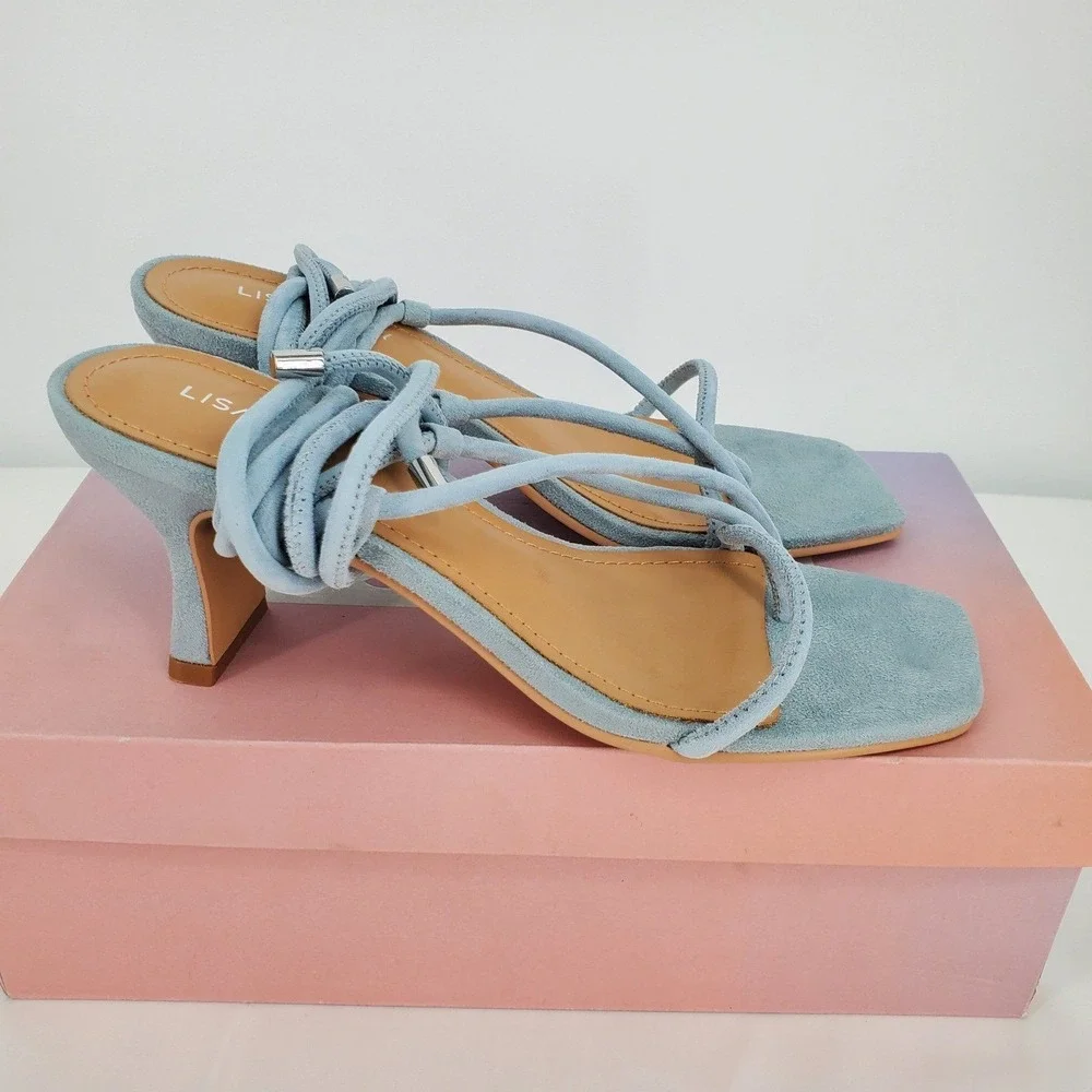 Lisa Vicky Womens 6.5M Zag Ankle Tie Sandal In Sky Blue Suede Heels Strappy New
